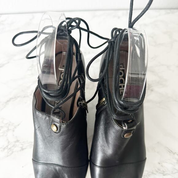 Rochessa Sporty Black Leather‎ Wedge Lug Sole Ankle Wrap Heels Women’s Size 38 - Picture 5 of 13
